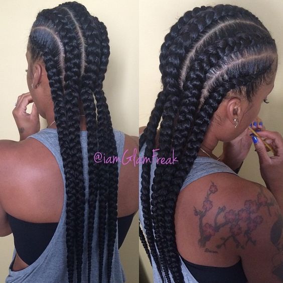 5 braid cornrow, fishtail ponytail. Black girl hairstyles.