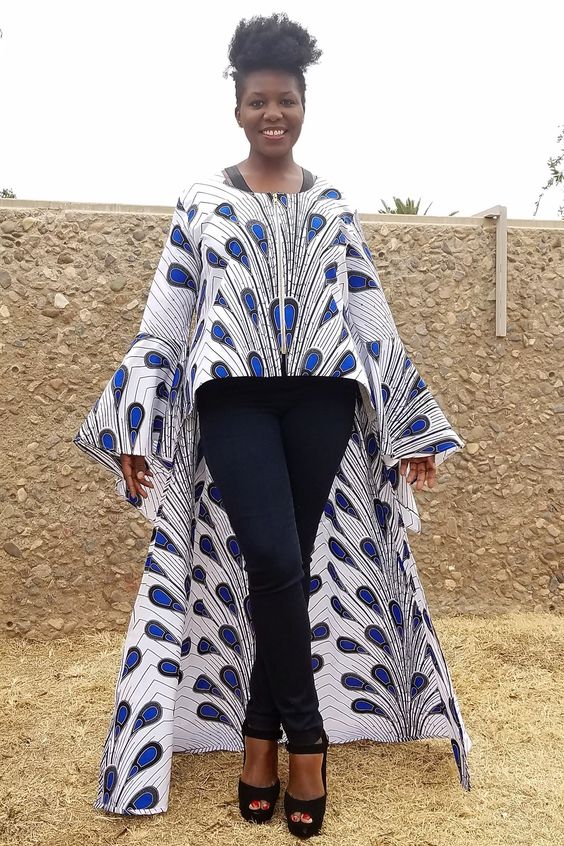 Kuwaha African Print Ruffle Sleeve Jacket High Low White Blue Black