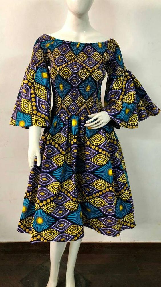 Womens Mid length Dress African Ankara Print 1 Size M XL w pockets. elastic waist Big Bell Flare 3 4 slv statement wear afro boho cloth