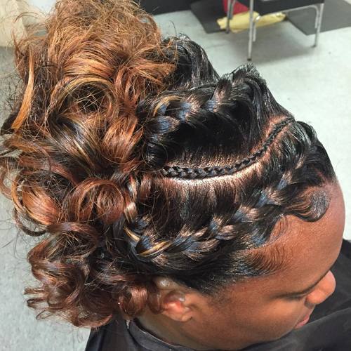 black curly updo with goddess braids