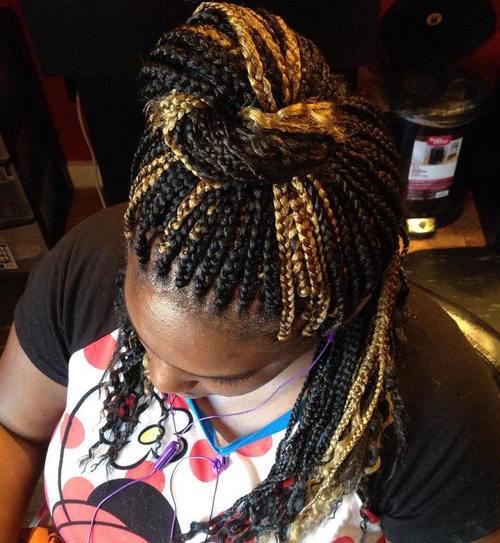 half up bun for highlighted box braids