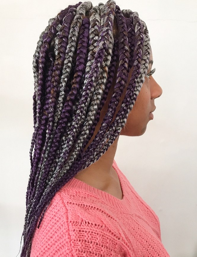 Purple Box Braids With Gray Highlights