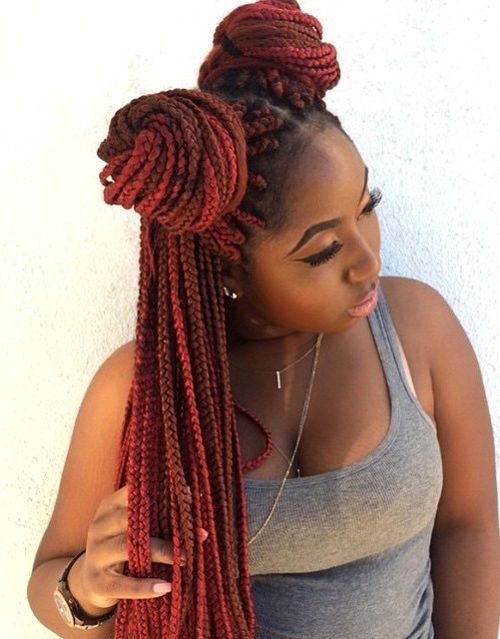 red and brown long box braids