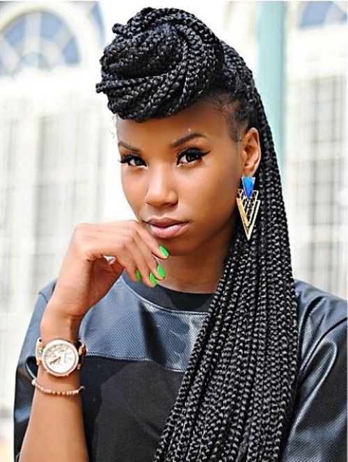 half up bun for long box braids