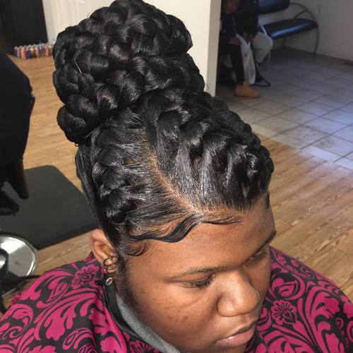 formal chunky bun updo with goddess braids