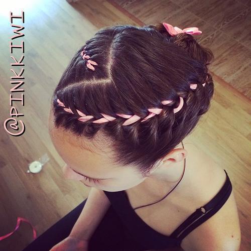 braided girls hairstyle with ribbon