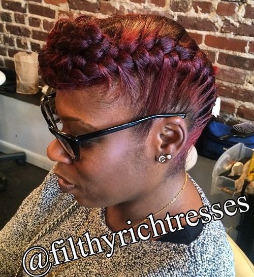 braided burgundy updo for black women