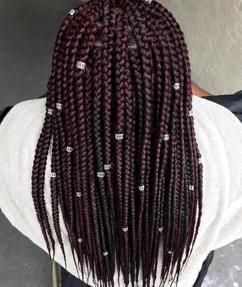 burgundy box braids with beads