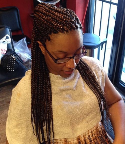 half up hairstyle for chestnut brown box braids