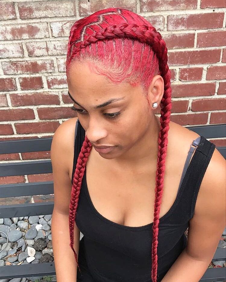 Two Red Goddess Braids With Zigzag Part