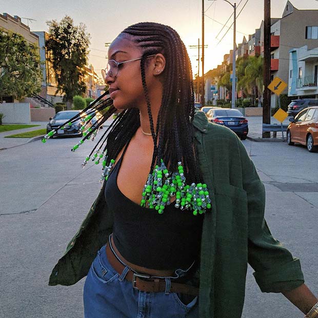 Long Braids with Bold Green Beads