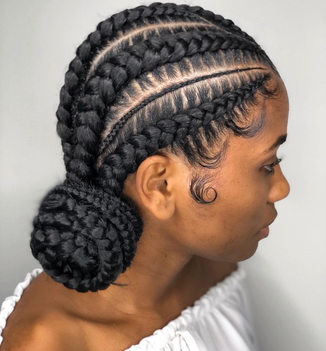 1 six cornrow braids into a side bun