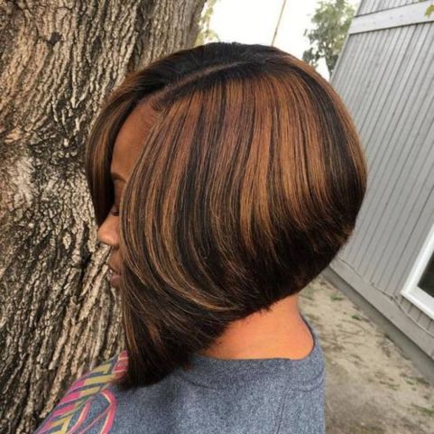 10 black side parted angled bob with highlights