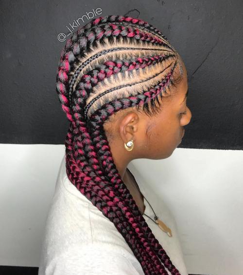 10 thick and thin cornrows with pink streaks