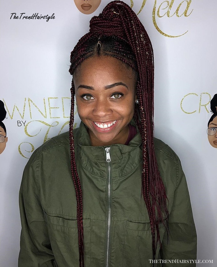 Burgundy Fulani Braids in a Wrapped Ponytail