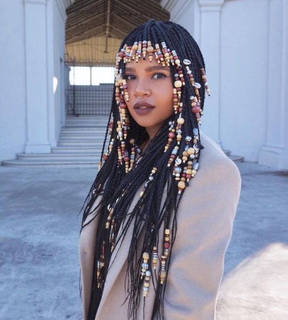 beaded braids with bangs