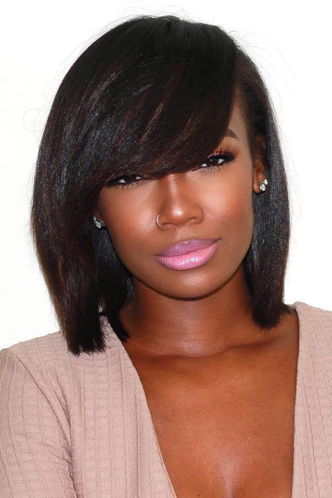 bob hairstyles for black women blunt straight bangs lob