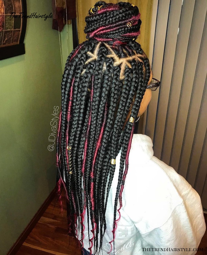 Black Box Braids With Burgundy Faux Locs