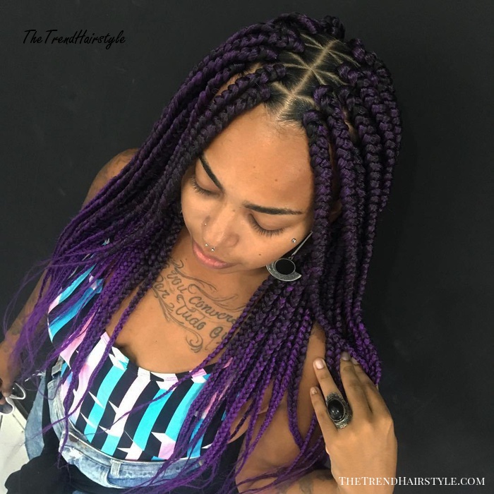 Purple Box Braids With Criss Cross Partings