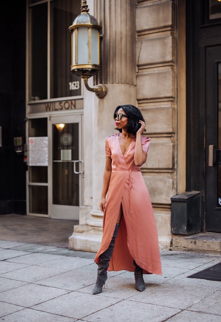 How To Style Wrap Dress Nordstrom Styling Tips Black Fashion Blogger Satin Dress OTK Boots Sandals Styled Two Ways