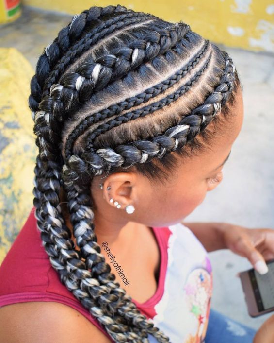 14 side racing goddess braids with blonde highlights