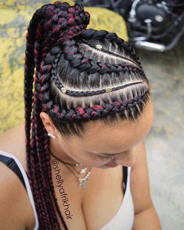 3 ponytail with burgundy highlighted braids