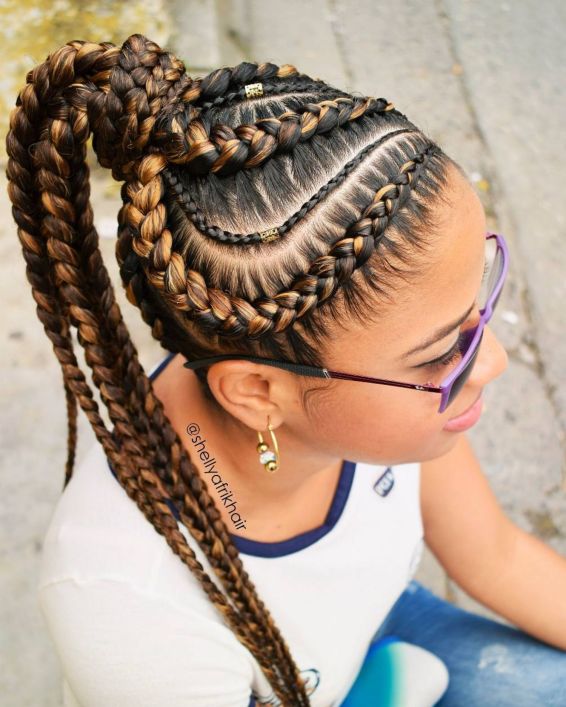 5 brown and caramel goddess braids in wrapped ponytail