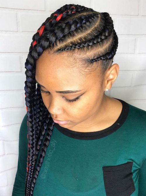 6 chunky side swept black braids