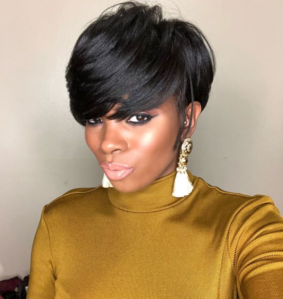 7 black layered pixie with bangs