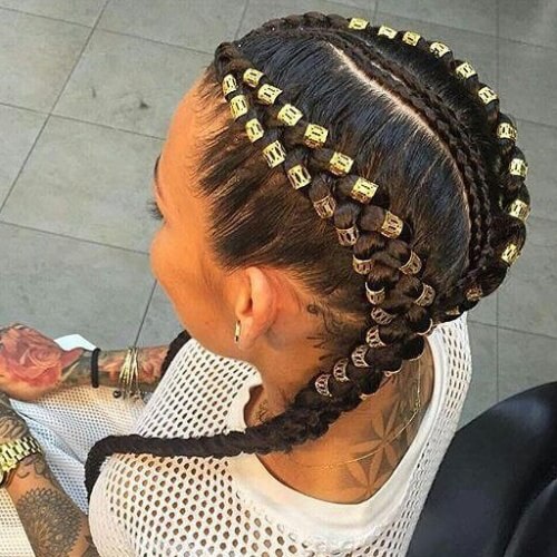Two Braids with Numerous Gold Beads