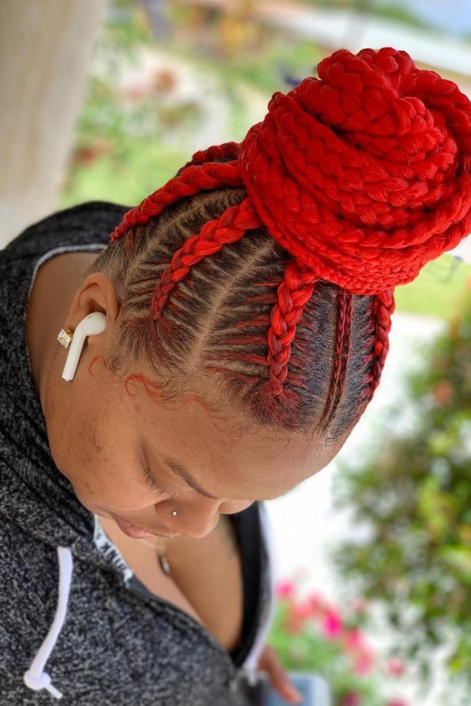 cornrow braids ideas red high bun 683x1024 1