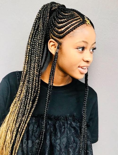 1 long braided ponytail with fulani braids