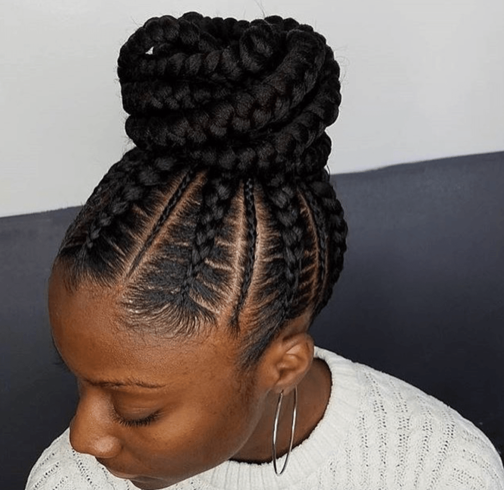 Plaited updo with multithickness feeder lines
