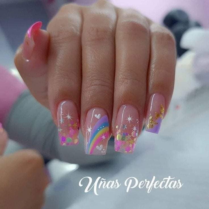 364 Disenos de Unas Punta Cuadrada Arcoiris Estrellas Corazones Blancos laminas doradas