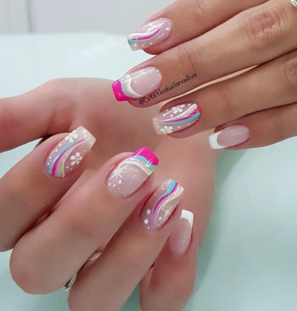 99 Disenos de Unas Punta Cuadrada Rosadas con esmalte fucsia con adornos y flores 978x1024 1