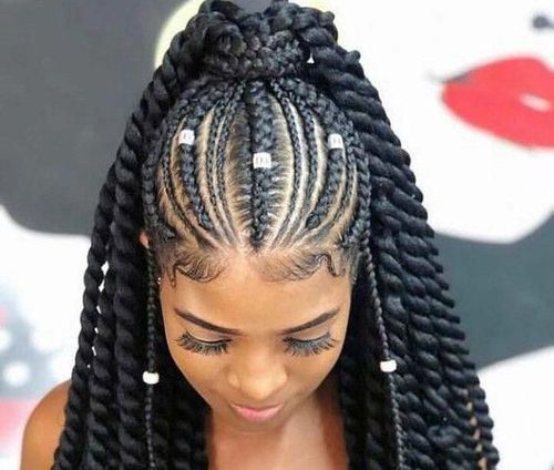 Half up half down cornrow braids with beads