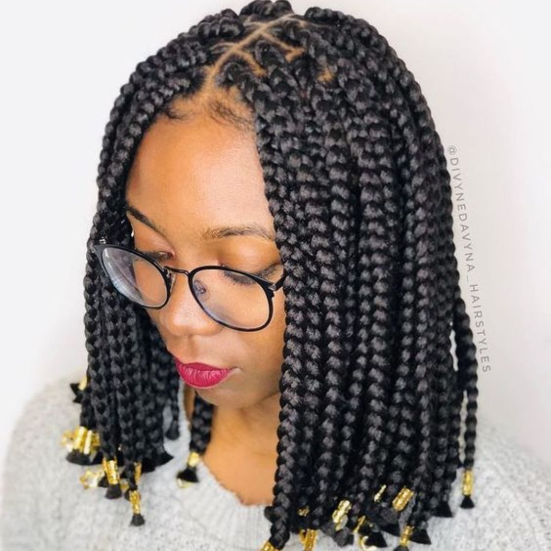 Shoulder Length Box Braids with Accessorized Ends