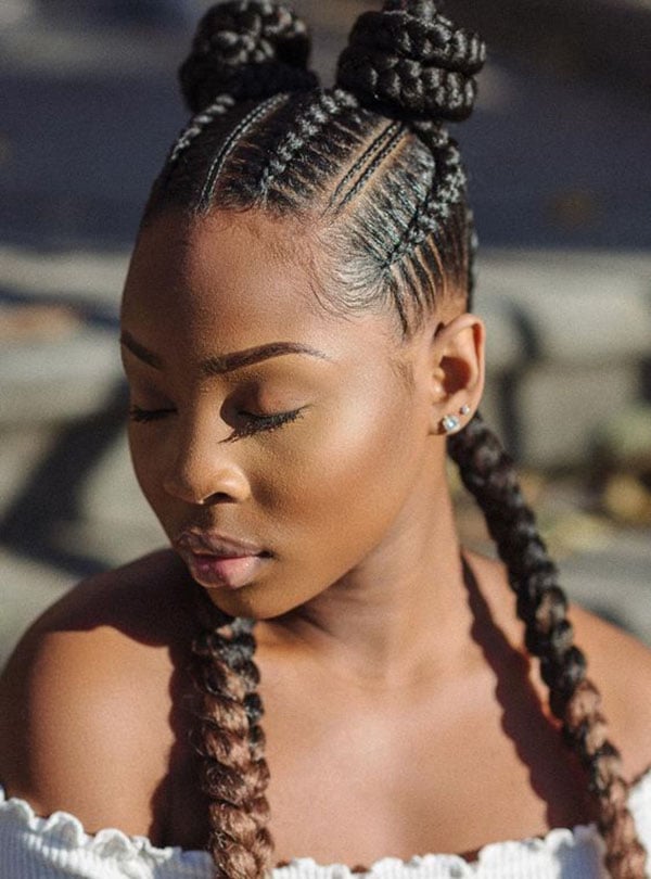 Fulani Braids with Top Buns and Low Braids