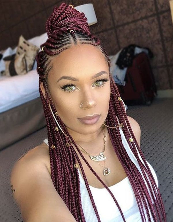 Maroon Fulani Braids Half Up Half Down