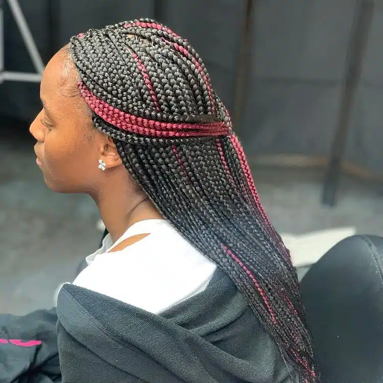 Small Black and Burgundy Box Braids With Small Ponytail.jpg