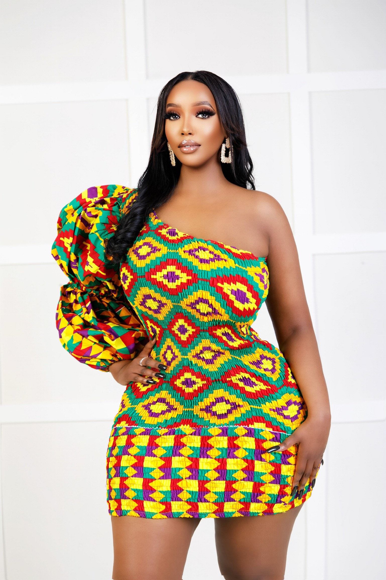 The Janice Kente African Print One Shoulder Mini yy