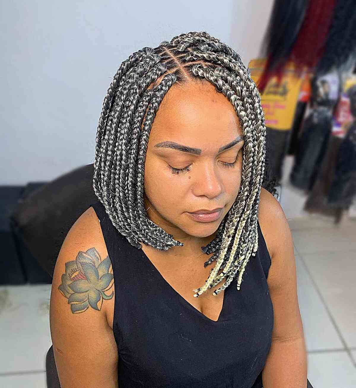 grey asymmetrical box braid bob for black women