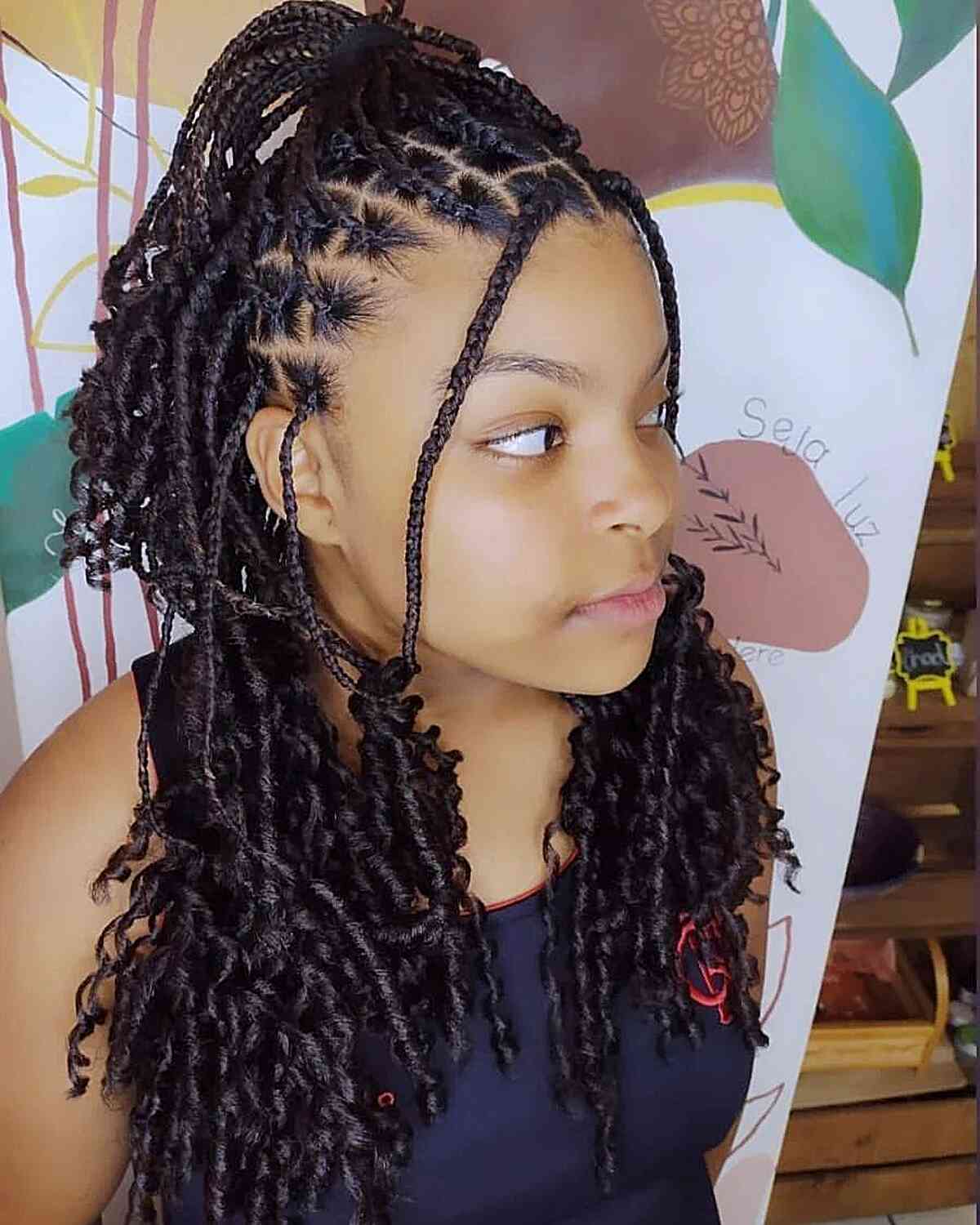 trendy box braids with tendril curls