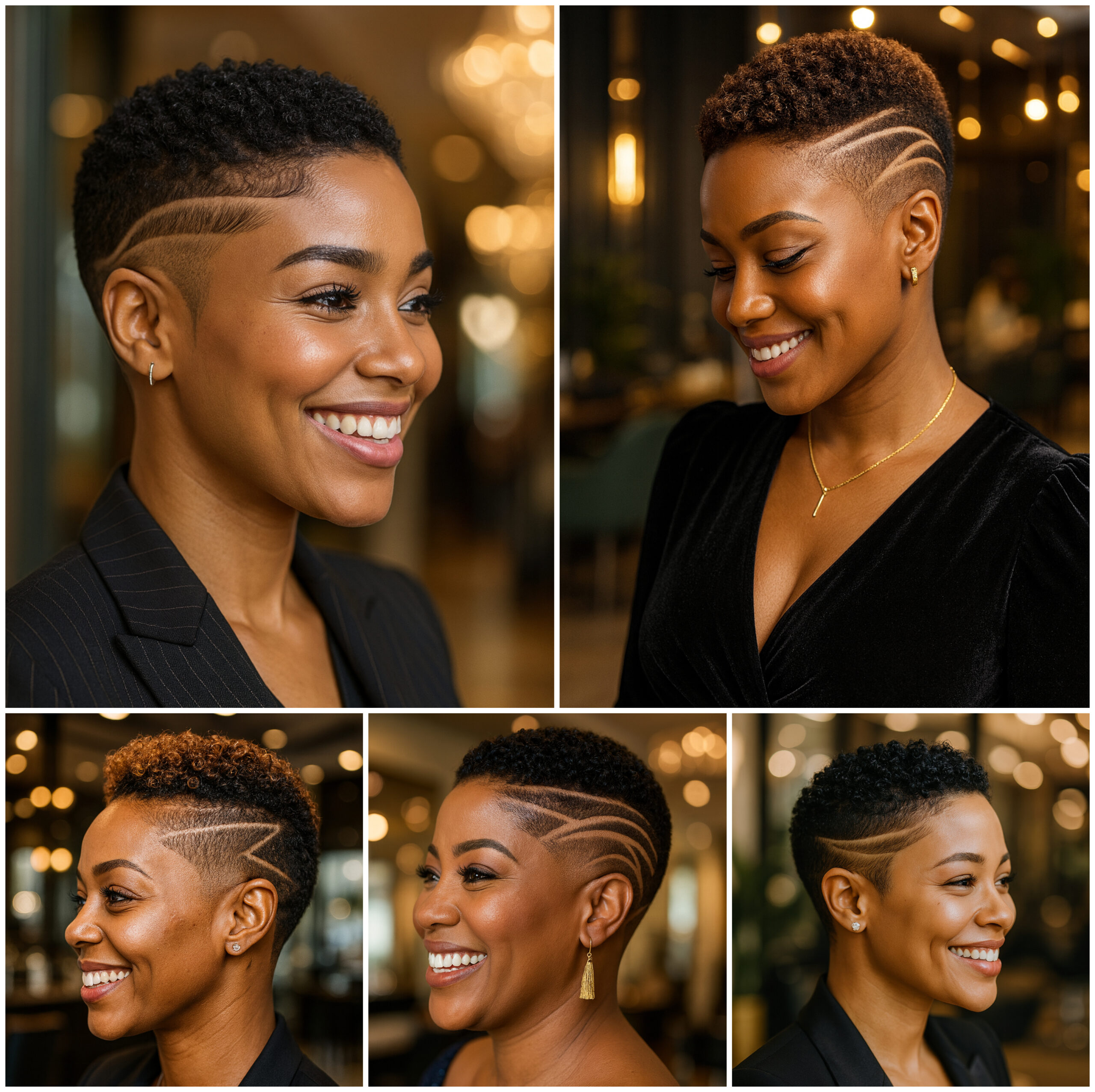 Short Afro Taper Fade with Artistic Line Designs