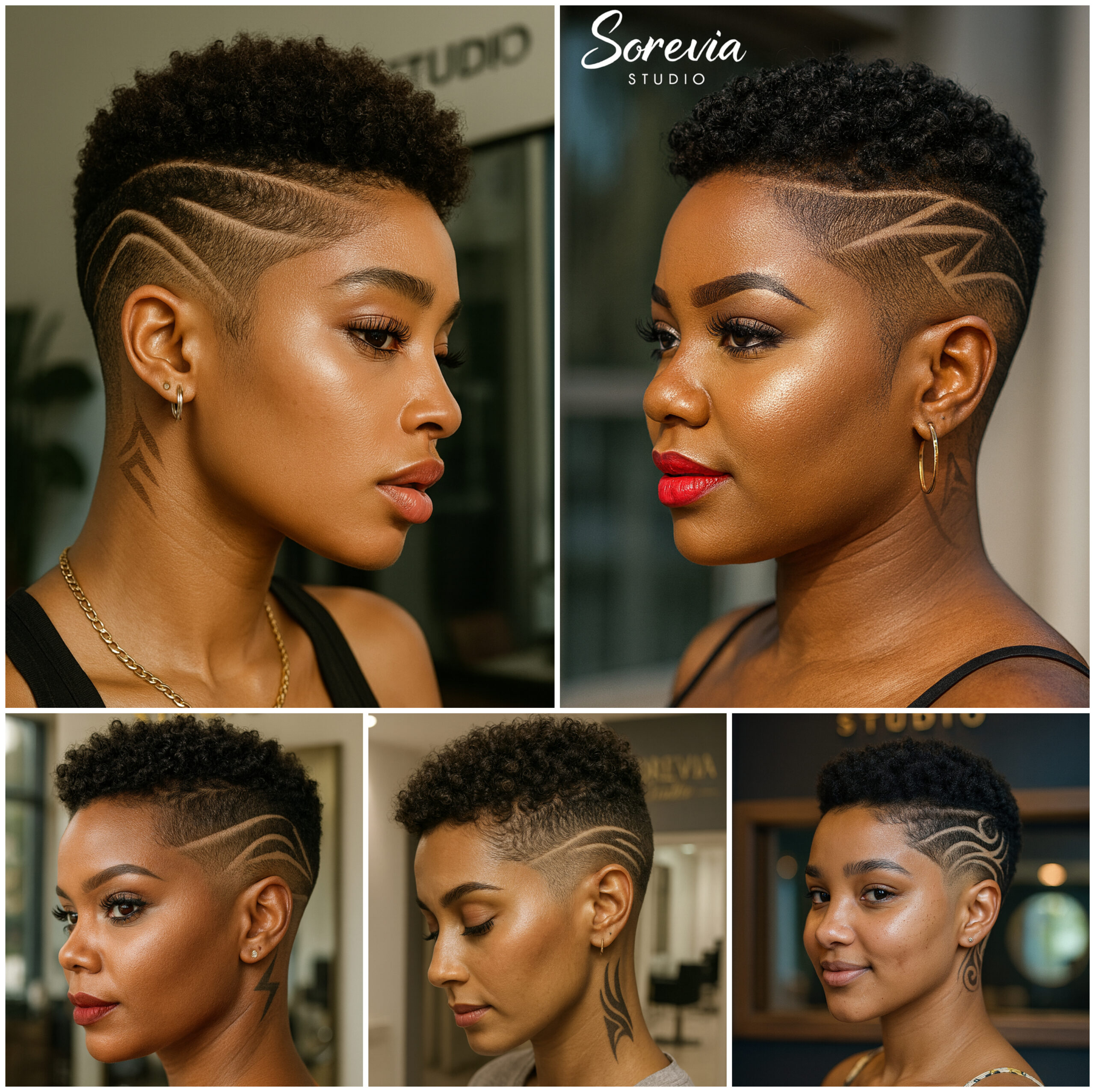 Short Afro Fade with Artistic Hair Tattoo Designs