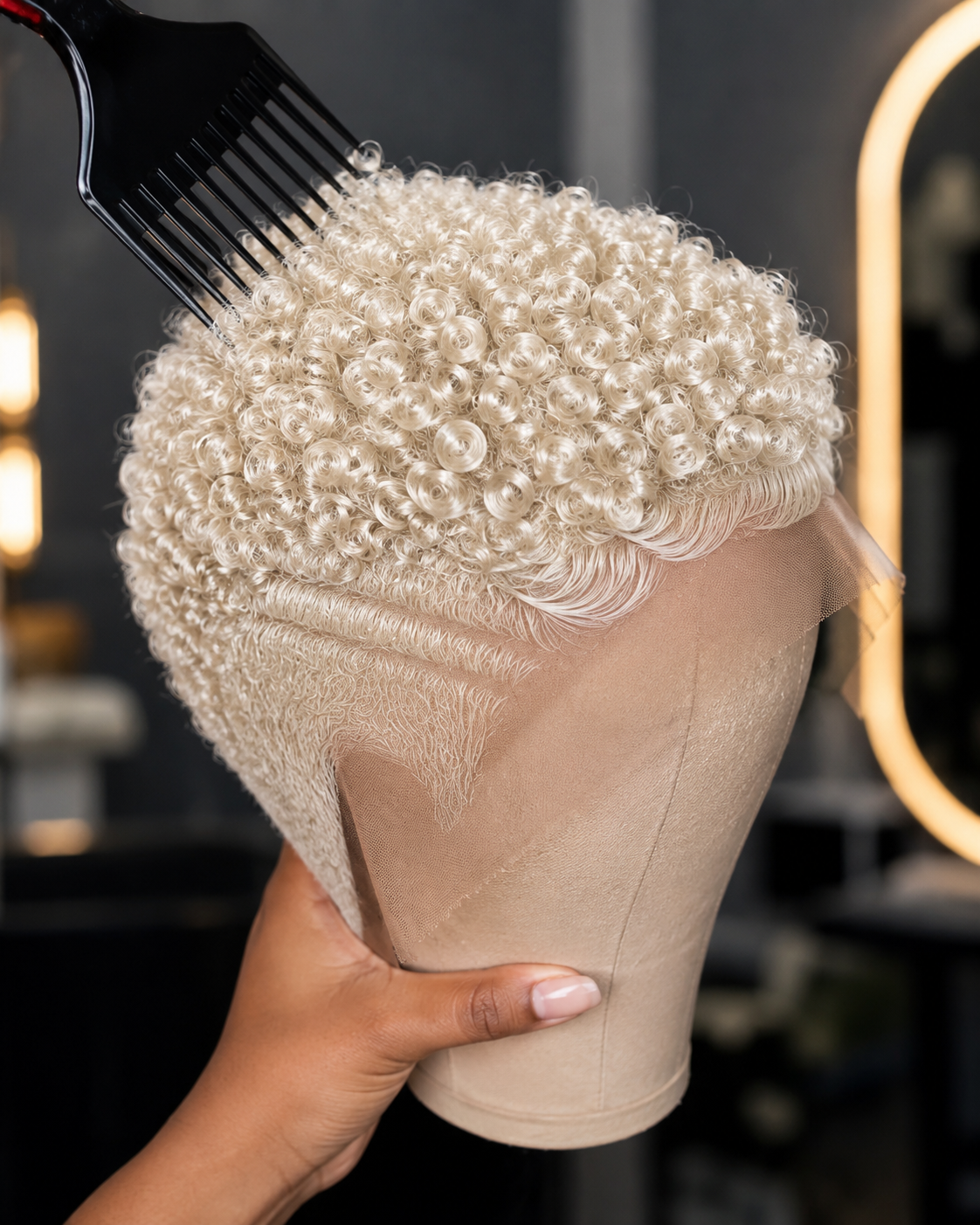 Pearl-Blonde Finger Coils With Sculpted Wave Edges — Studying A Short Lace Pixie On A Canvas Block #StylistStudioMSC Pearl-Blonde Finger Coils With Sculpted Wave Edges — Studying A Short Lace Pixie On A Canvas Block #StylistStudioMSC