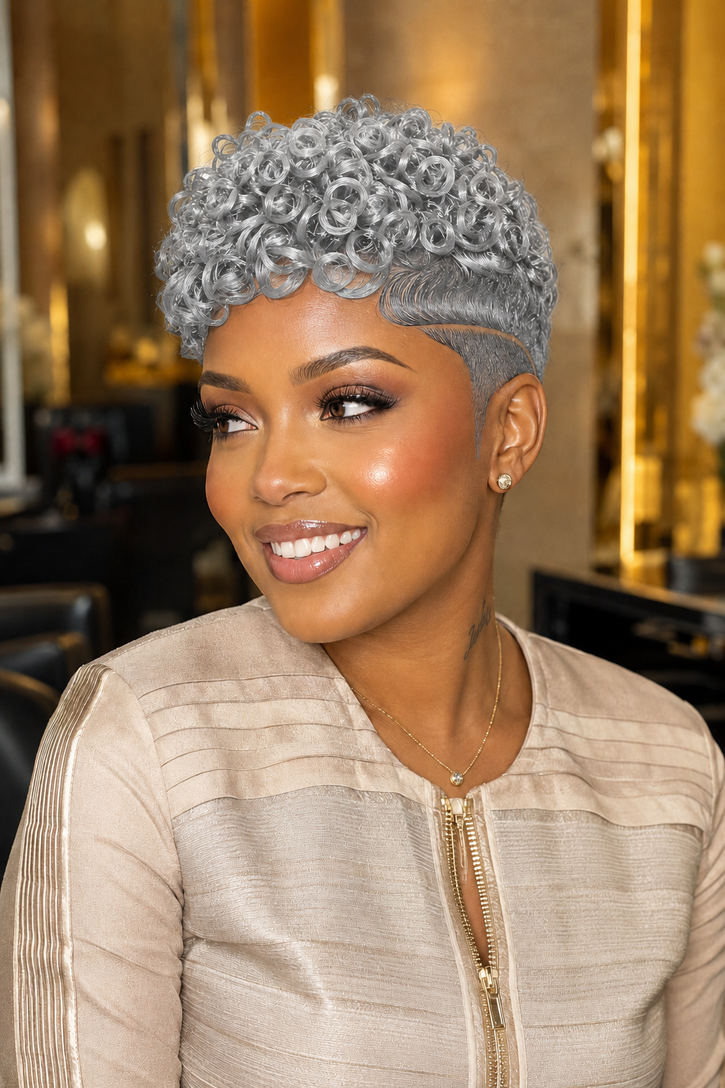 Sleek Ice-Silver Finger Waves Meet Defined Crown Curls On A Held-Open Cap #hairstyleandfashionSCh Sleek Ice-Silver Finger Waves Meet Defined Crown Curls On A Held-Open Cap #hairstyleandfashionSCh