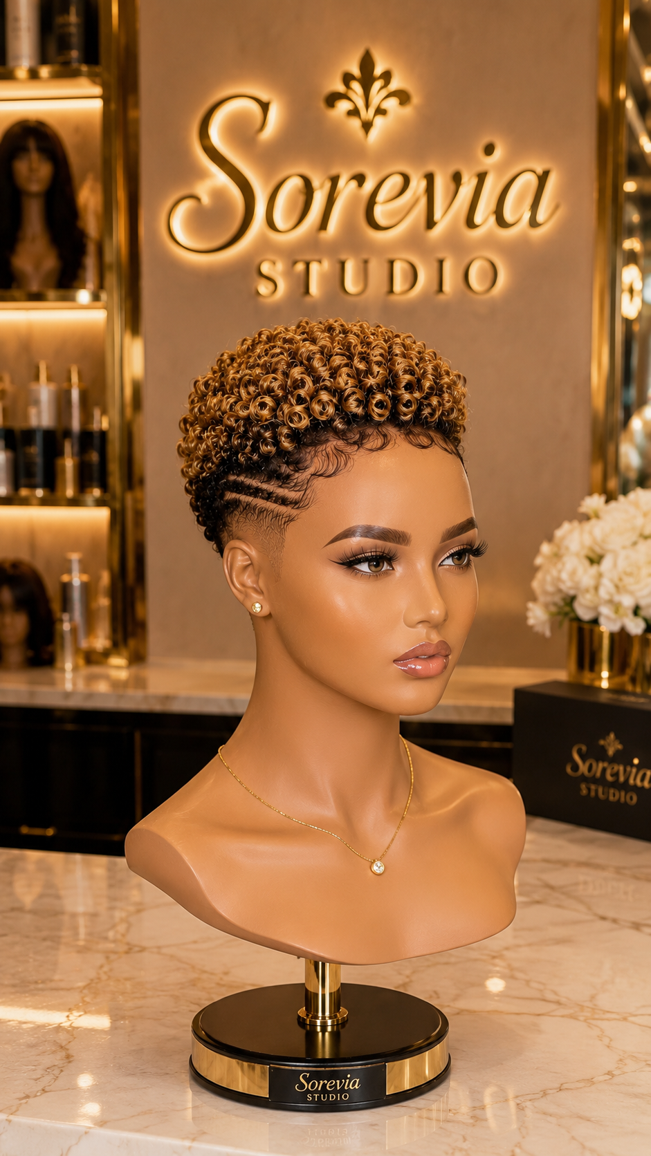 This Golden Honey Curly Pixie Wig With Zigzag Line Design Glows 😍H✨ #StylistStudioMSC