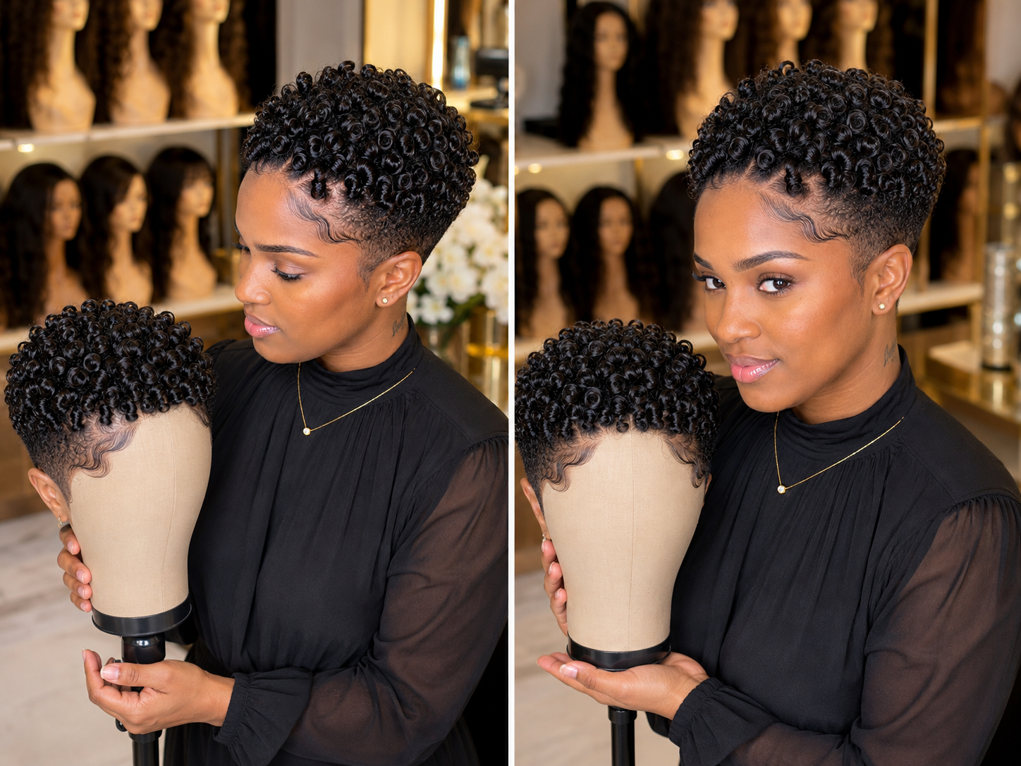 This Jet Black Curly Pixie Wig With Matching Mannequin Presentation Creates A Luxury Studio Look 🖤H✨ #braidsforwomen