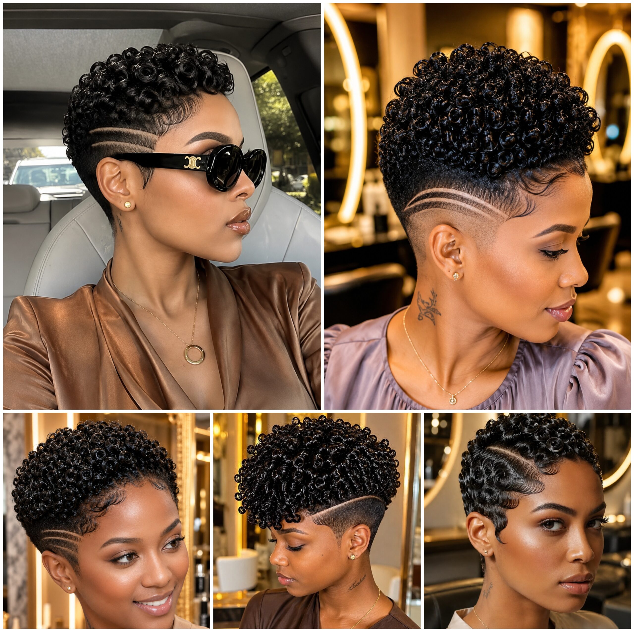 Glossy Afro Pixie Fade with Twin Razor Lines Glossy Afro Pixie Fade with Twin Razor Lines